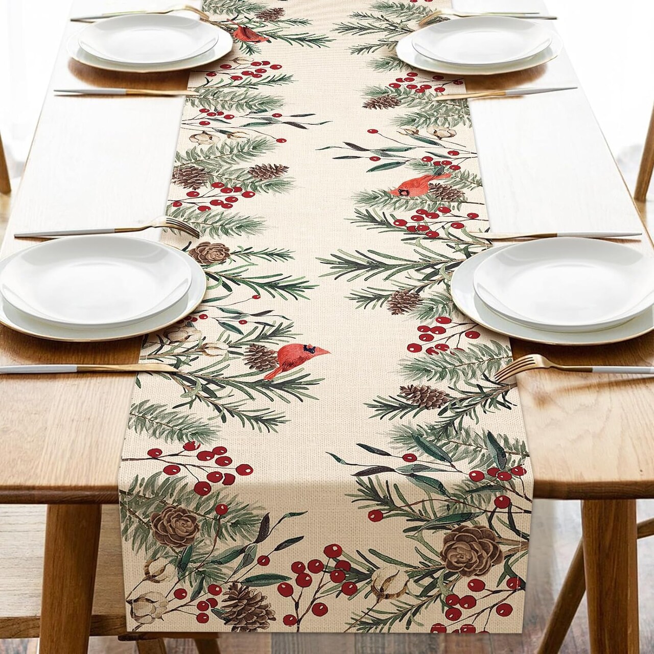 Winter Pine Needle Branches Table Runner, Pine Cone Cardinal Red Birds Berry Farmhouse Kitchen Dining Table Decor, Christmas Holiday Home Decoration Indoor Outdoor Party Supply 13 x 36 Inches